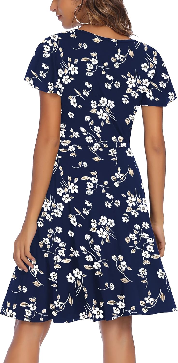 HOTOUCH Women's Casual Dress Floral Summer Dress Ruffle Sleeve Crewneck Flowy Swing Mini Dresses with Pockets - Image 6