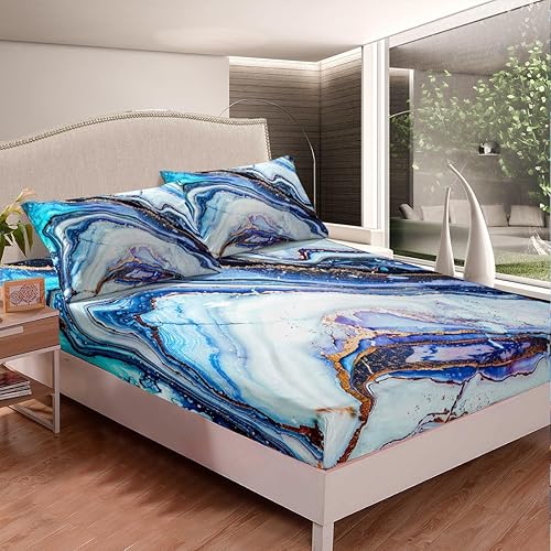 Miniatura 3 de Juego de sábanas de mármol colorido para niñas, niños y mujeres, color morado, azul, rosa, remolino, mármol, sábana bajera ajustable psicodélico,