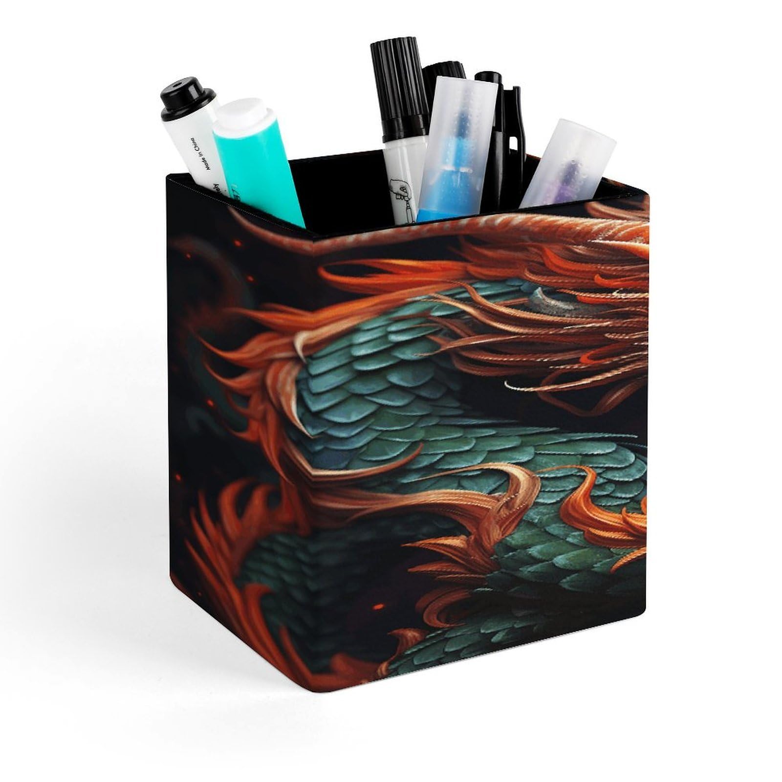 LZQPOEAS Chinese Dragon Square Pen Pencil Holder PU Leather Pencil Cup Desktop Stationery Organizer Office Accessories Container