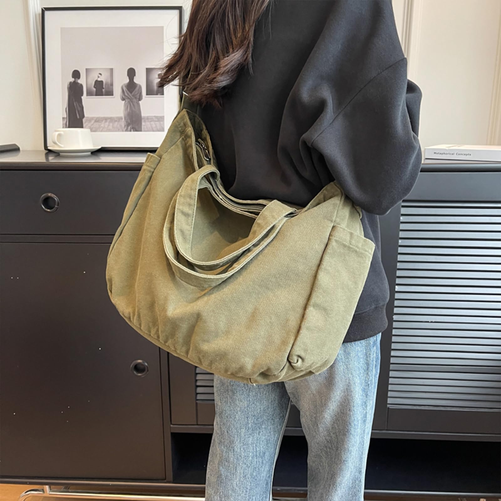 X SIM FITNESSX Borsa a tracolla unisex, in tela, per uso quotidiano, ufficio, scuola, viaggi, verde, Rétro