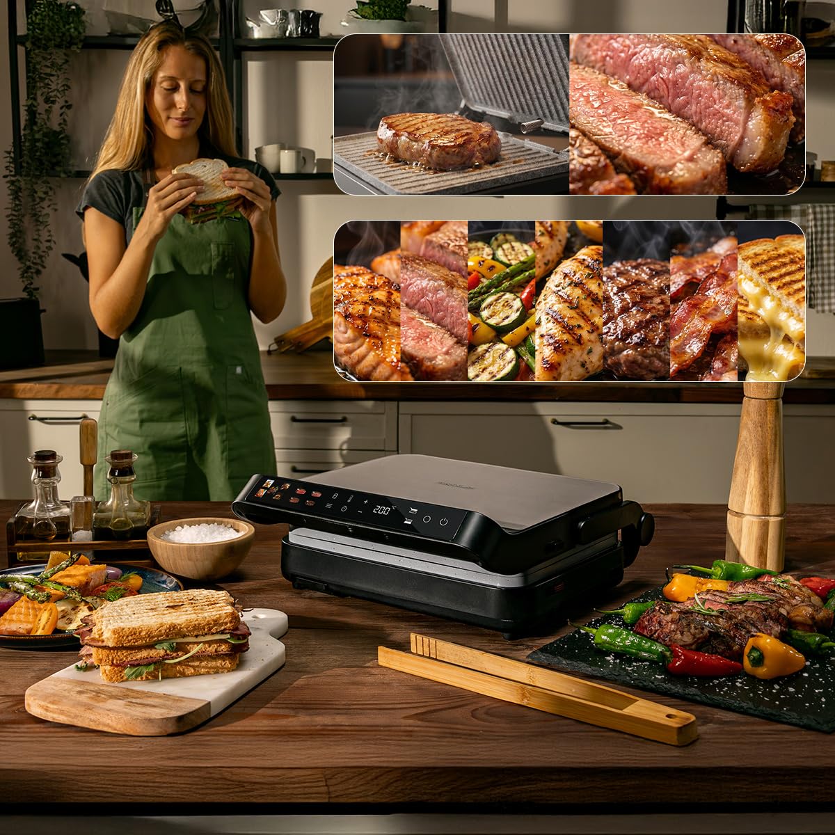 Cecotec Elektrogrill Rock'nGrill 2000 PerfectCook. 2000 W, Temperaturfühler, Touch-Steuerung, Dual-Temp, Öffnung 105 °C, Fettauffang, abnehmbare Platten, 30x23 cm, Edelstahl