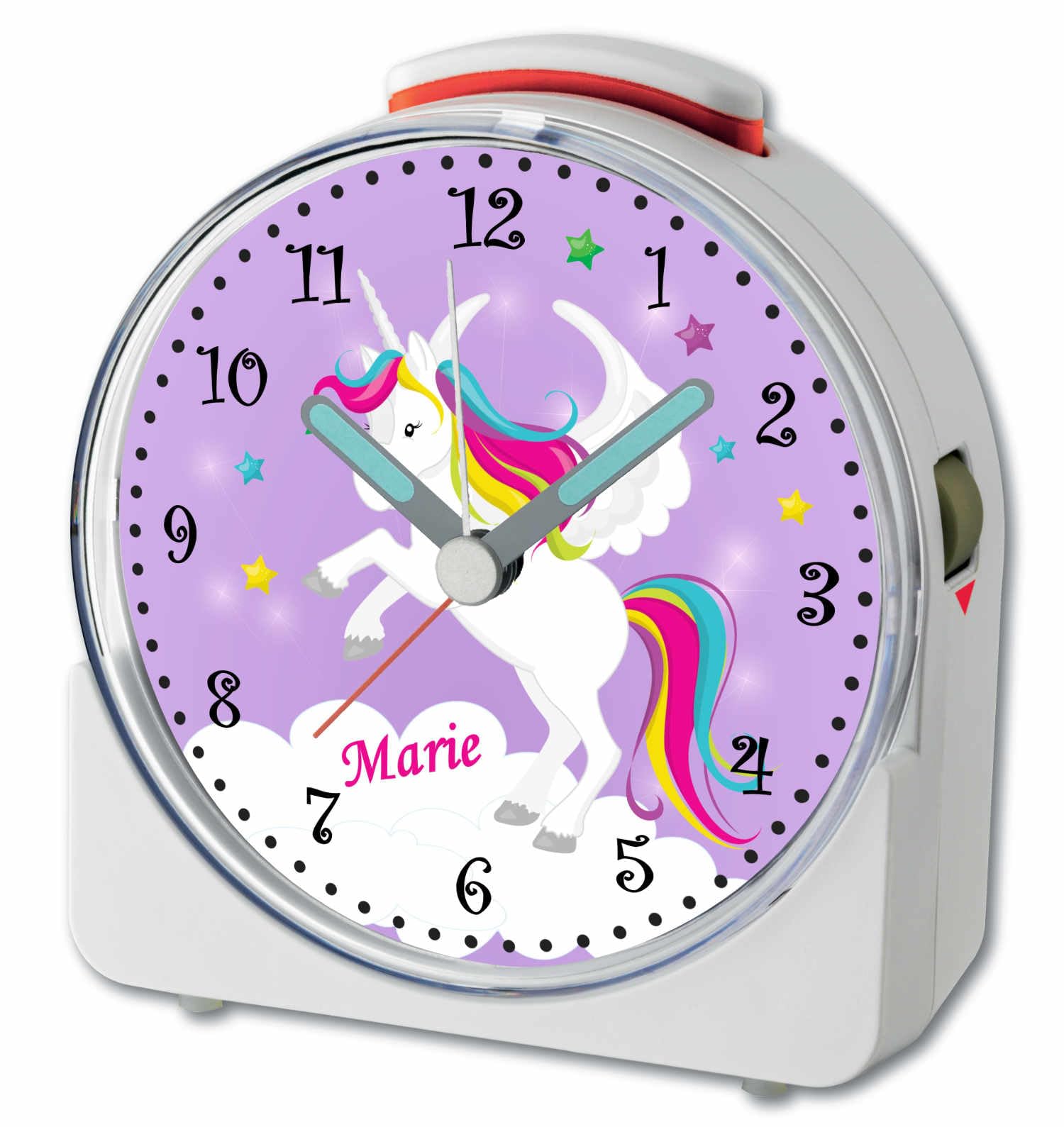 WU-71-1034-05, Einhorn Lila, analog Kinderwecker weiß, Funkwecker mit Sweep-Uhrwerk und fluoreszierenden Zeiger und Licht, personlisiert mit Namen, 10,2 x 4,6 x 11 cm