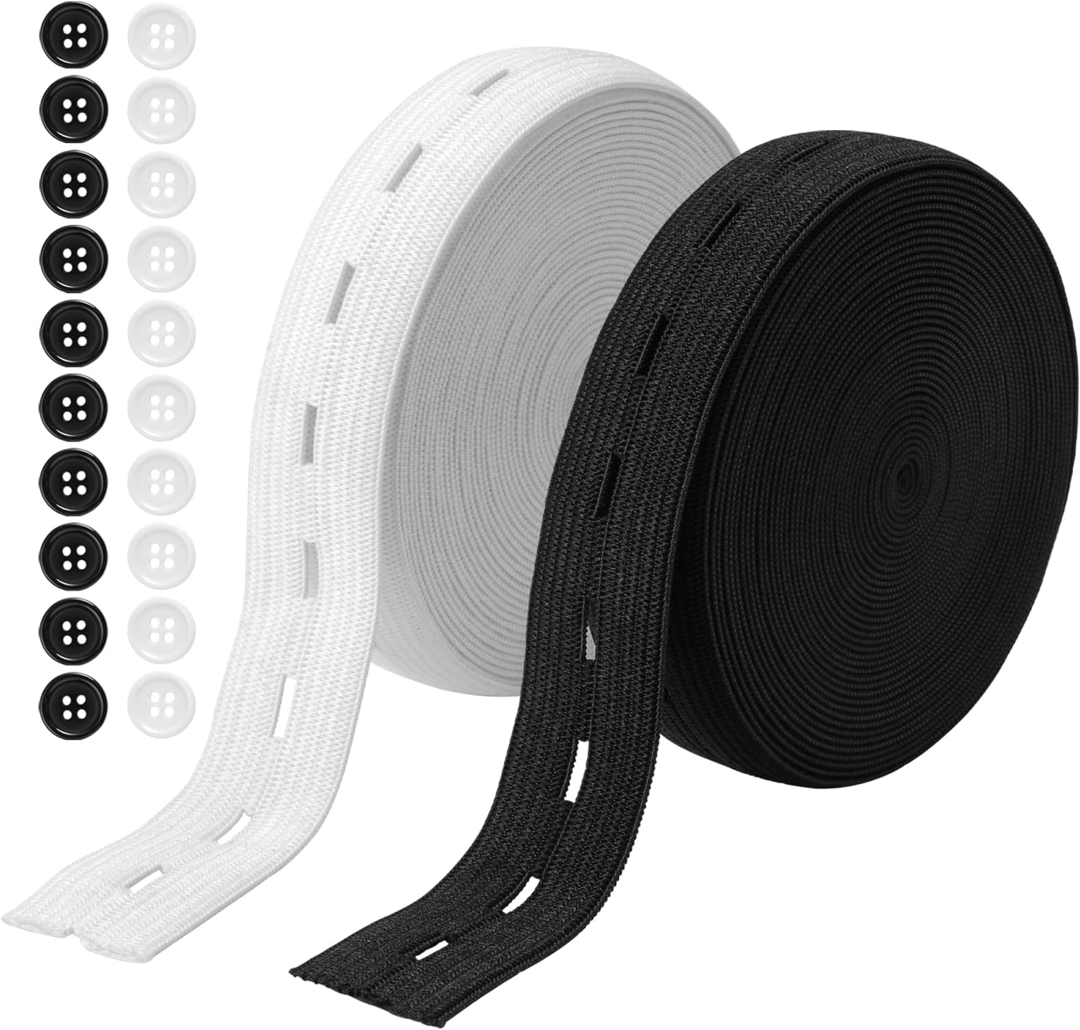 30m Élastique à Boutonnière Noir 20mm + 50 Boutons - Bande Élastique Couture Pour Vêtements Et Extendeurs Taille