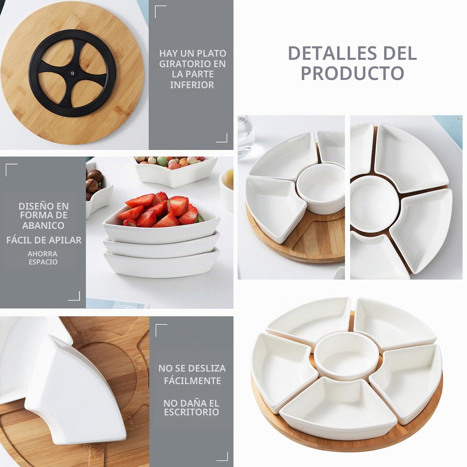 bandeja aperitivos con tapa, juego de 6 fuentes + bandeja giratoria de bambú + tapa de bambú + tenedor de fruta, 6 fuentes de porcelana blanca y una bandeja de bambú (29 x 29 x 5 cm)