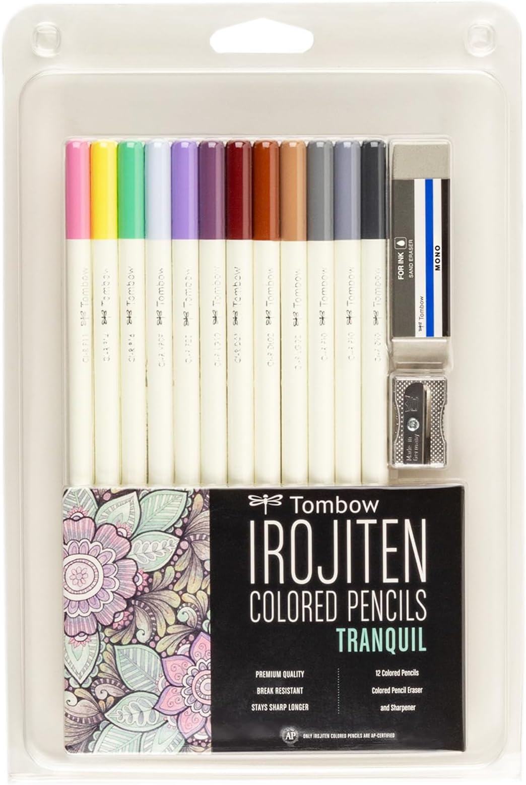 51529 Irojiten Colored Pencil Set, Tranquil. Includes 12 Premium Colored Pencils, Sharpener, Colored Pencil Eraser