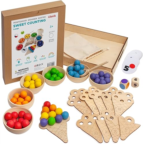 Ulanik Sweet Counting - Juguetes Montessori grandes para niños de 3 años + juego de madera a juego para aprender a clasificar y contar, 60 bolas,