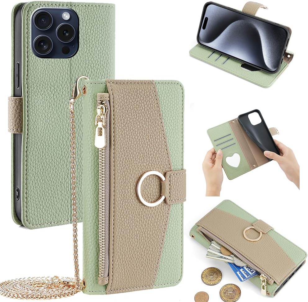 Case Cover Compatible with Oppo A36 / A96 / A76 / K10 4G,Compatible with Realme 9i 4G (Not 5G) Lanyard Zipper Wallet【3 Card Slot】【Magnetic Clasp】 PU Leather Flip Stand Green