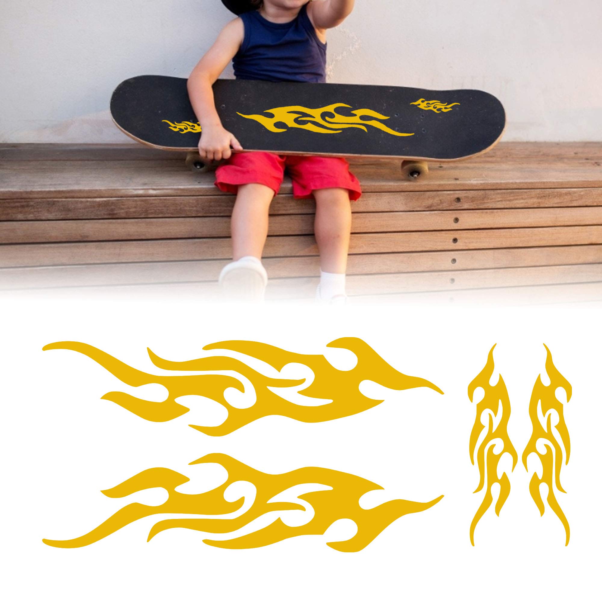 Tomall Yellow 4 Pcs 12Cm+29Cm Flame Reflective Sticker For Car Flame Racing Sports Stripe Decal For Golf Cart Vinyl Waterproof Decal Diy For Car Body Side Truck Suv Off-Road Vehicles Skateboard (Yellow)