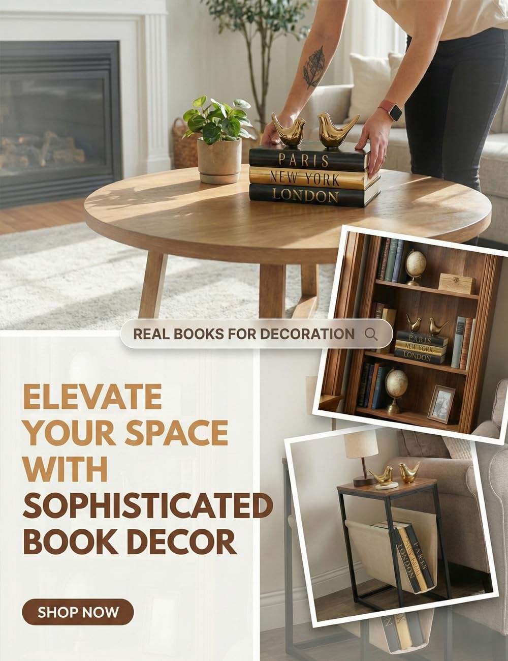 Libros decorativos para decoración del hogar y decoración de libros de mesa de café, juego de 3 diarios de tapa dura real (París, Londres, Nueva York) con pájaros de cerámica dorada, decoración