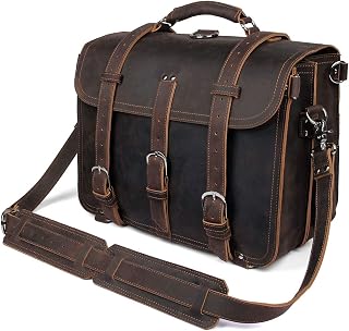 Polare Men's Thick Full Grain Leather 16'' Briefcase Shoulder Messenger Bag Fit 15.6'' Laptop (Dark Brown)