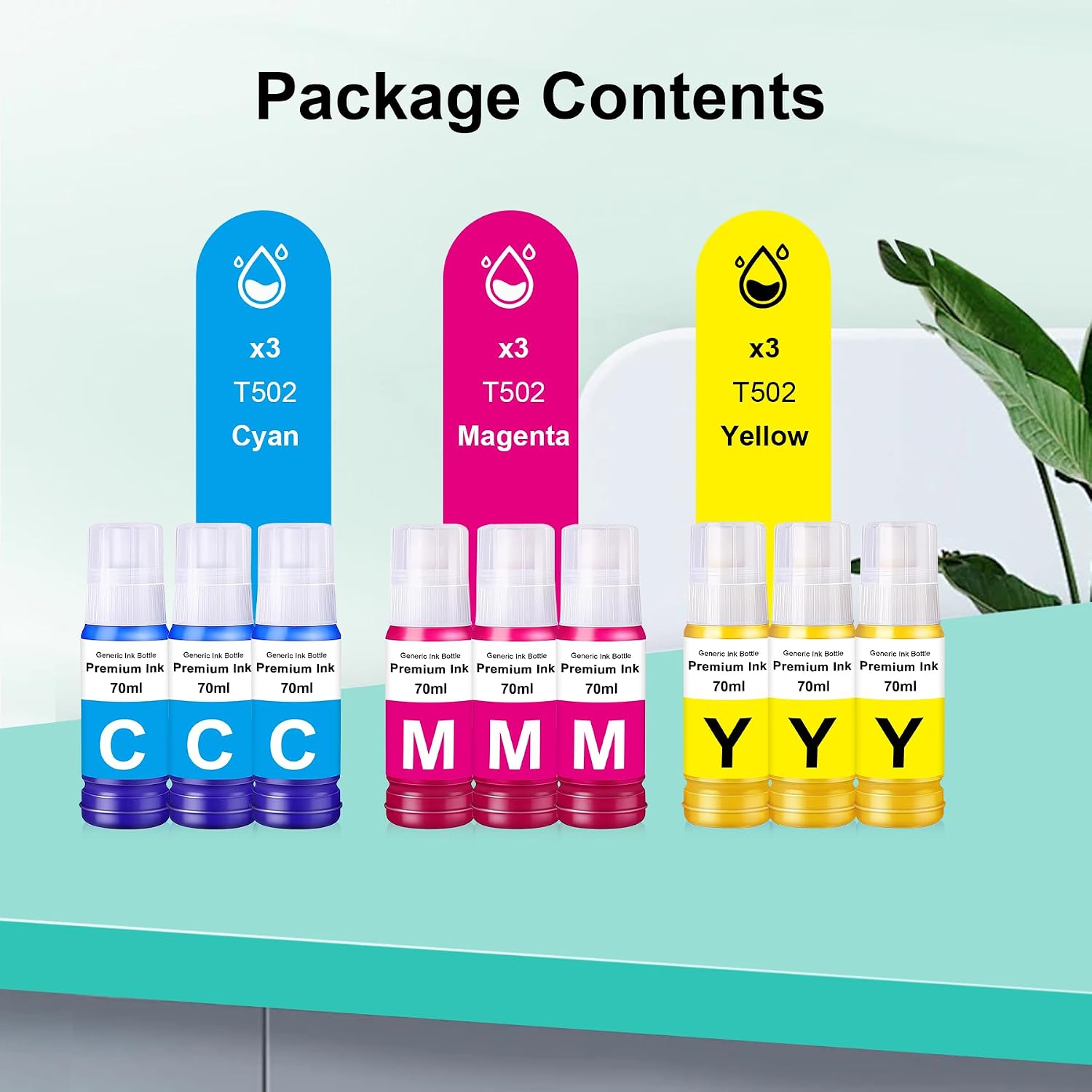 T502 Refill Ink Bottle Replacement for T502 ET-2850 ET-2760 ET-2700 ET-2750 ET-3710 ET-3750 ET-3830 ET-3850 ET-3760 ET-3700 ET-15000 ET-4760 ET-4850 ET-4750(3C 3M 3Y)