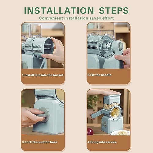 Miniatura 8 de Rallador giratorio de queso con manivela, 5 cuchillas intercambiables para cortar verduras, base fuerte de ventosa para un uso seguro, extraíble y