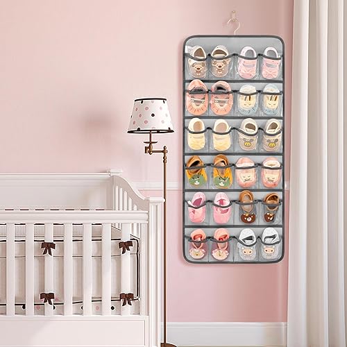 Miniatura 8 de Organizador de zapatos de bebé colgantes de doble cara para armario, soporte de almacenamiento de zapatos para niños con lazo y ropa interior (gris)
