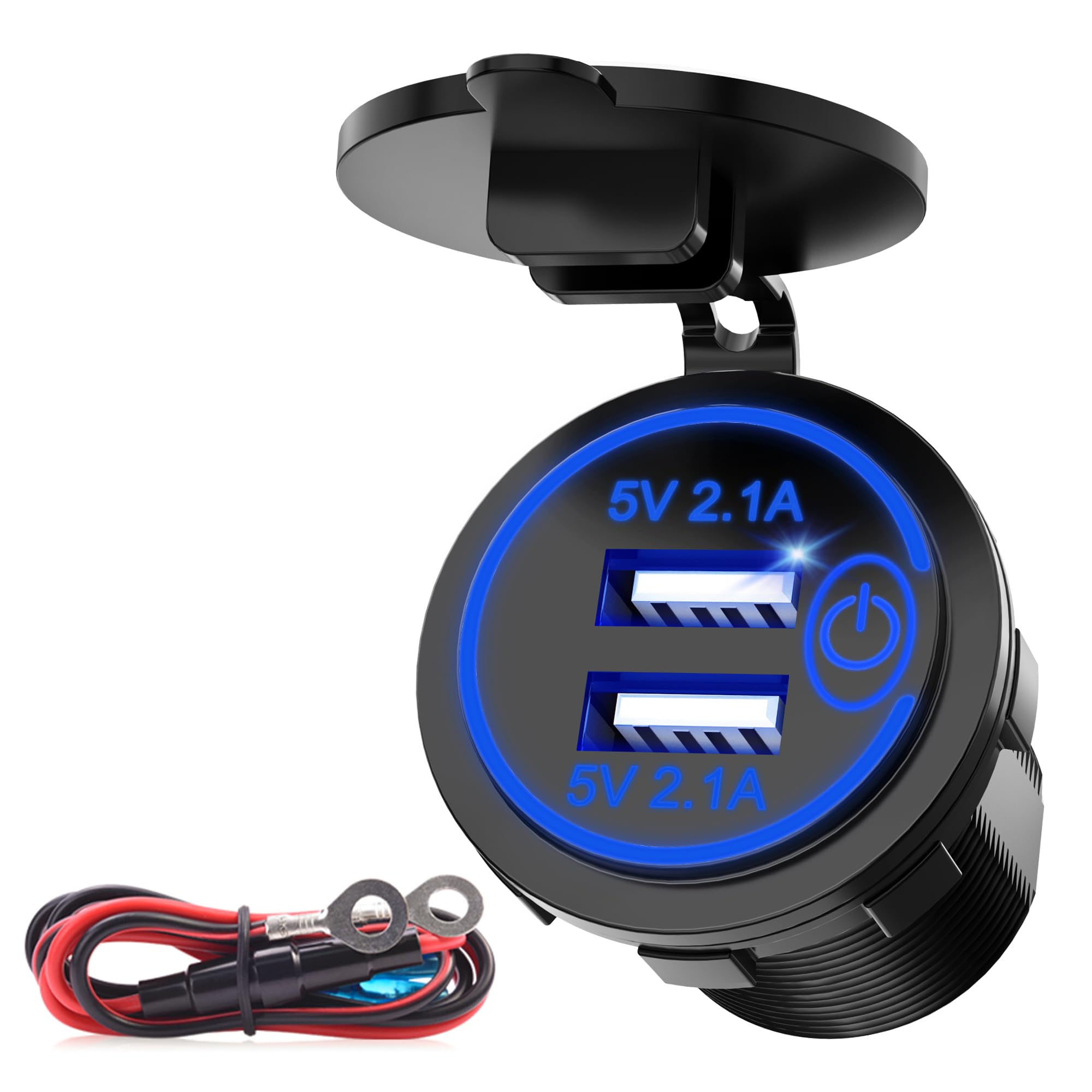 MNJ MOTOR Quick Charge 3.0 Dual USB Car Charger Socket with Touch Switch, 36W 4.2A Blue LED Display & 10A in-line Fuse Compatible with 12V/24V Marine, RV, Boat, Motorcycle, Truck, Golf Cart and More