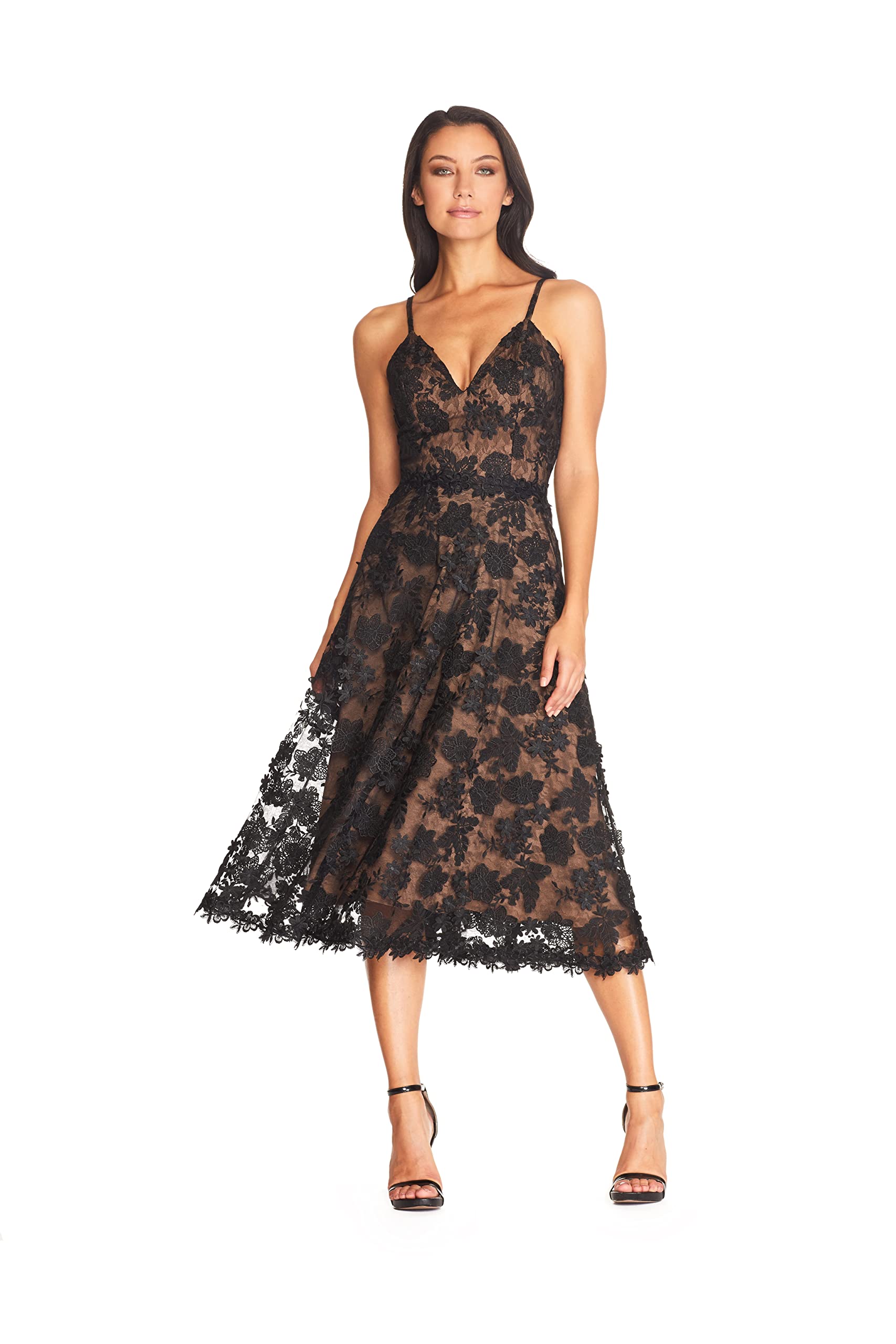 Photo 1 of Dress the Population Womens Tahani Plunge Neckline Fit and Flare Midi Dress, Black/Nude, X-Small US