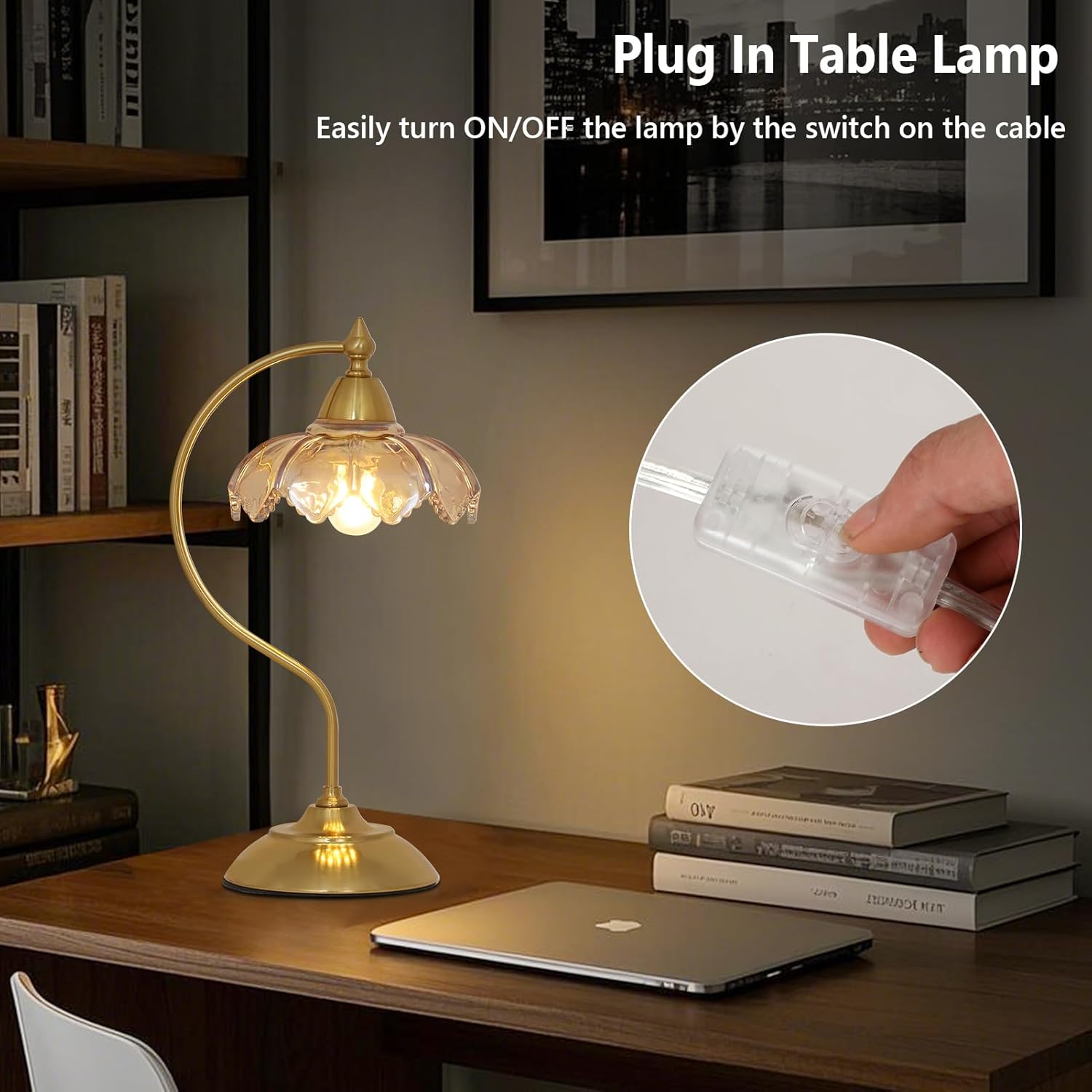 Table Lamps for Living Room, Flower Desk Lamp, Glass Beside Lamp for Nightstand, Gooseneck Small Table Lamp, Mid Century Modern Desk Light, Table Light for Bedroom Home Office Reading (Amber)