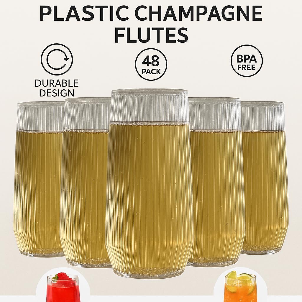 48 Pack Ribbed Ripple Stemless Toasting Glasses, Origami Durable 9 Oz BPA-Free Disposable Plastic Champagne Flutes for Weddings, Bars, Events, and Celebrations (Clear) - Image 3