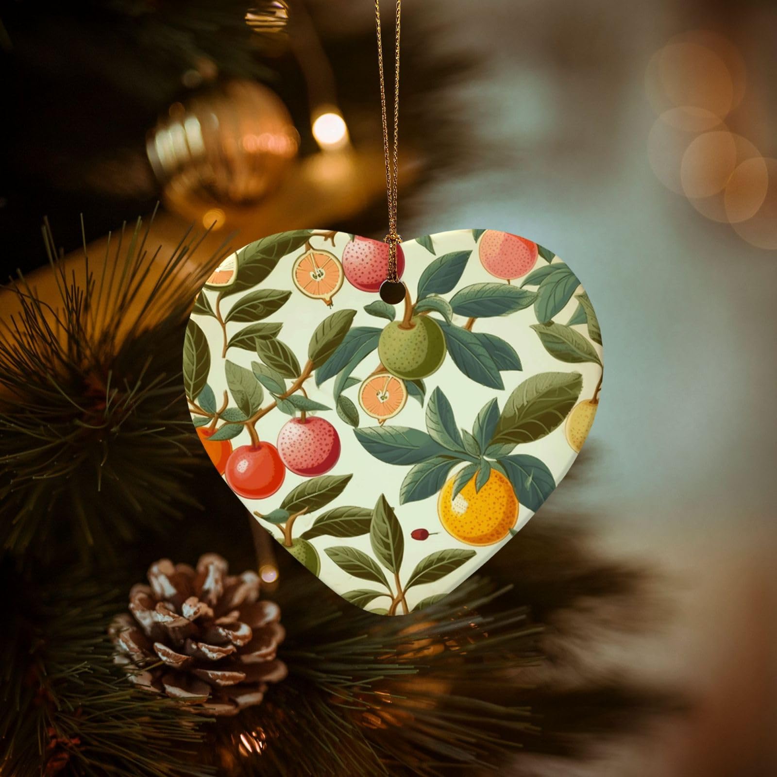 Christmas Ornaments for Christmas Tree Decoration Hanging Plants and Fruits Ornament with Gold Ribbon Crafts Heart Shape Ceramic Pendant for Keepsake Gifts Xmas Decor Party Supplies