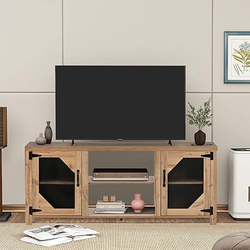 Bituman Moderno soporte de TV de granja para televisores de hasta 80 pulgadas, mesa de consola multimedia de TV con 3 espacios de almacenamiento