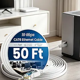 Cabo Ethernet Cat 6 de 15 metros, cabo de rede LAN RJ45 plano de 10 Gbps, fio de Internet de alta velocidade para modem roteador, PC, console de jogos, dispositivo de streaming - branco