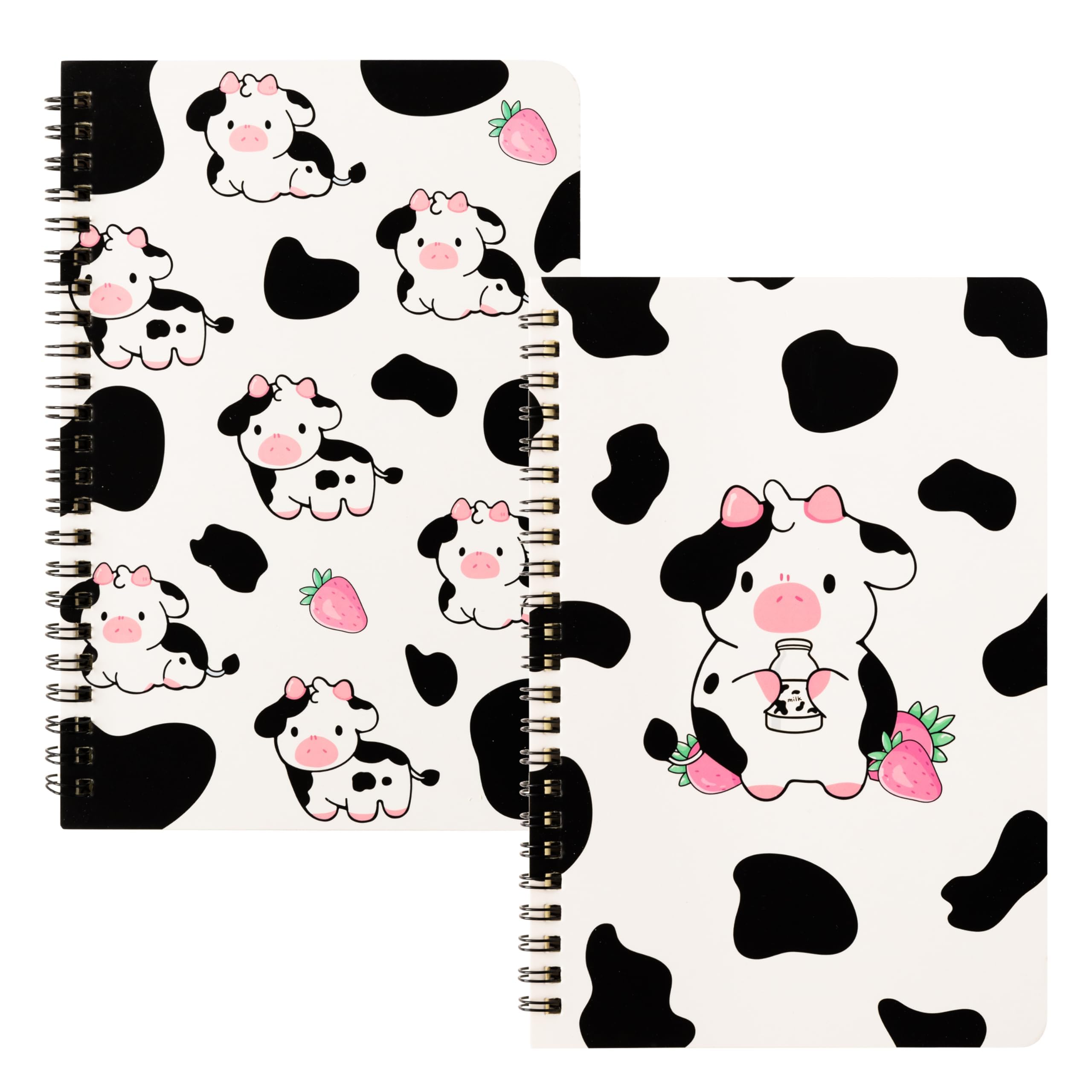 2 A5 Cow Spiral Notebooks, Cute Cow Pink Strawberry Milk College Ruled Notebooks Hardbound Spiral Travel Drawing Journal for Kids Teens, Funny Cow Notebooks for Students Back to School Notepad Diary
