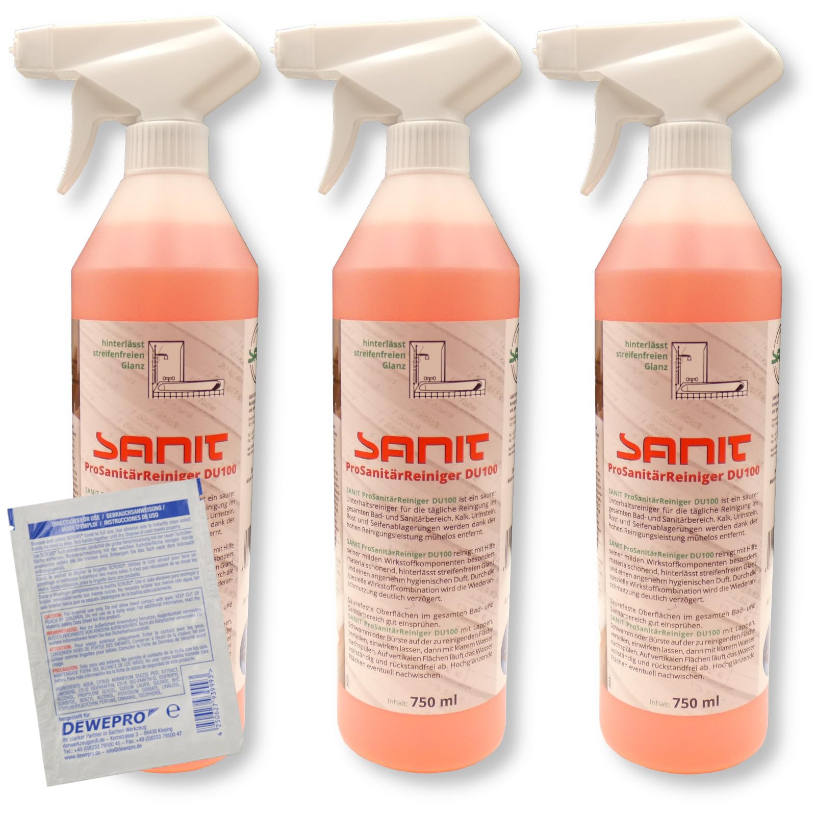 DEWEPRO Set: SANIT ProSanitärReiniger DU100 (3025) - 3 Flaschen à 750ml - Badreiniger - hervorragende Kalklöser mit Abperleffekt inkl. 1 St. DEWEPRO® Single Scrubs