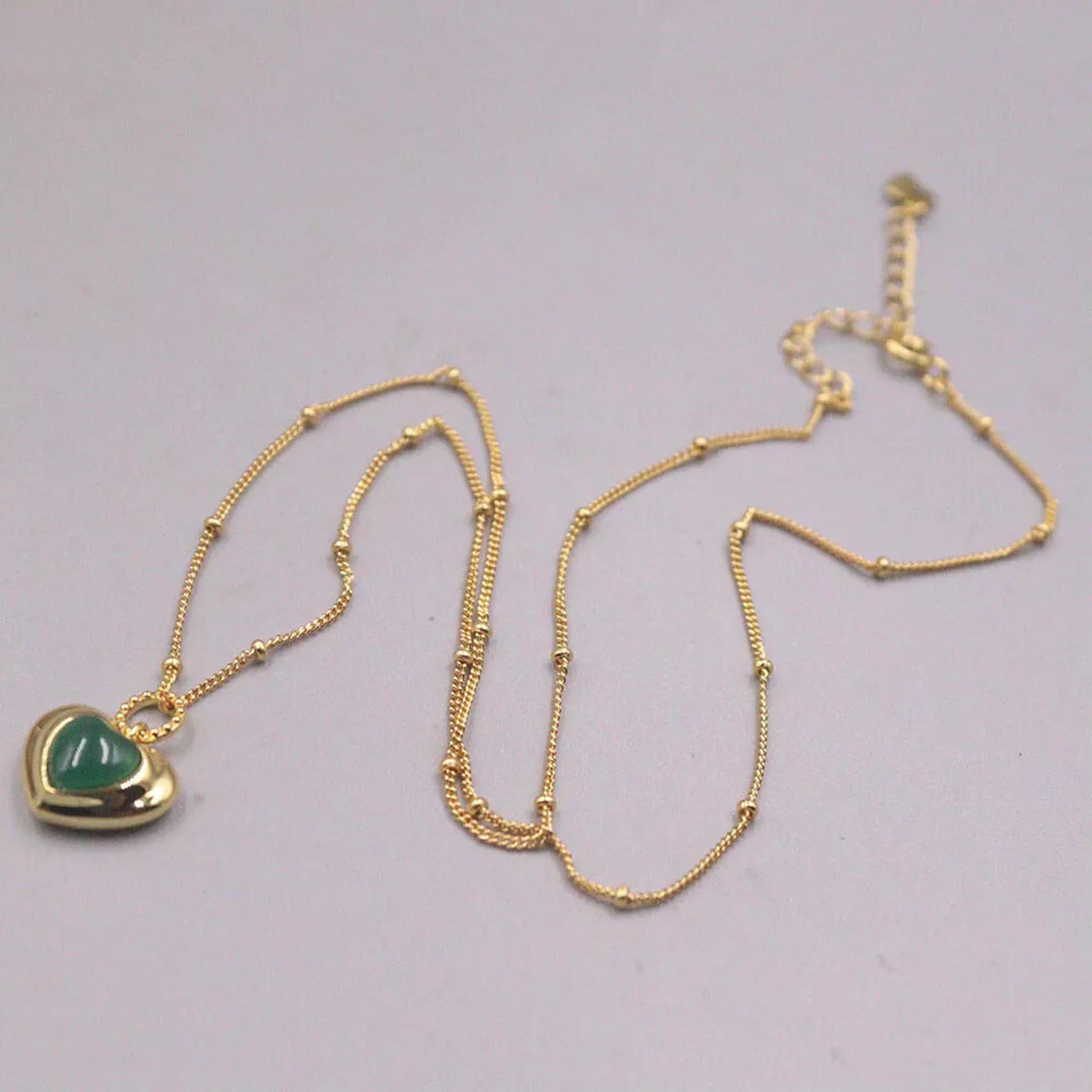Collier en Argent véritable S925 avec Pendentif en Forme de cœur en Agate Verte