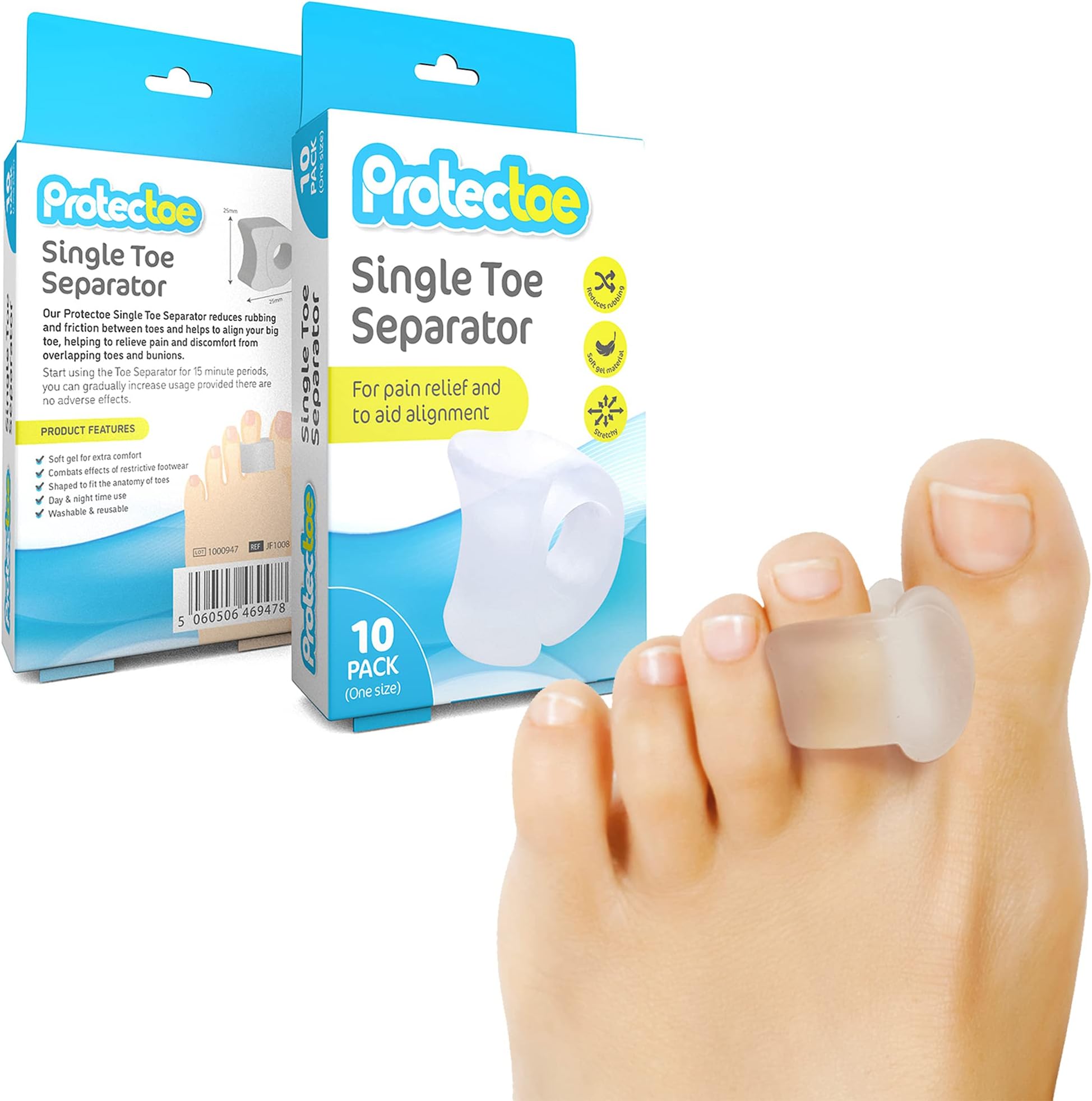 Single Gel Toe Separator for Overlapping Toes, Toe Spacer - Box of 10 Gel Separators