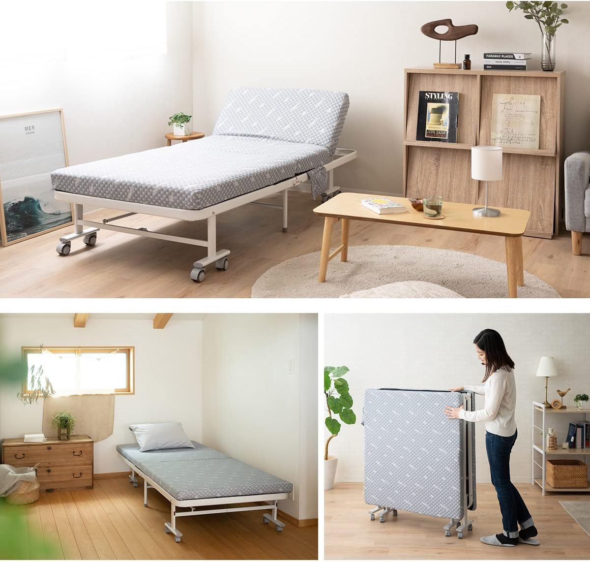 Person locking the casters on the unfolded bed