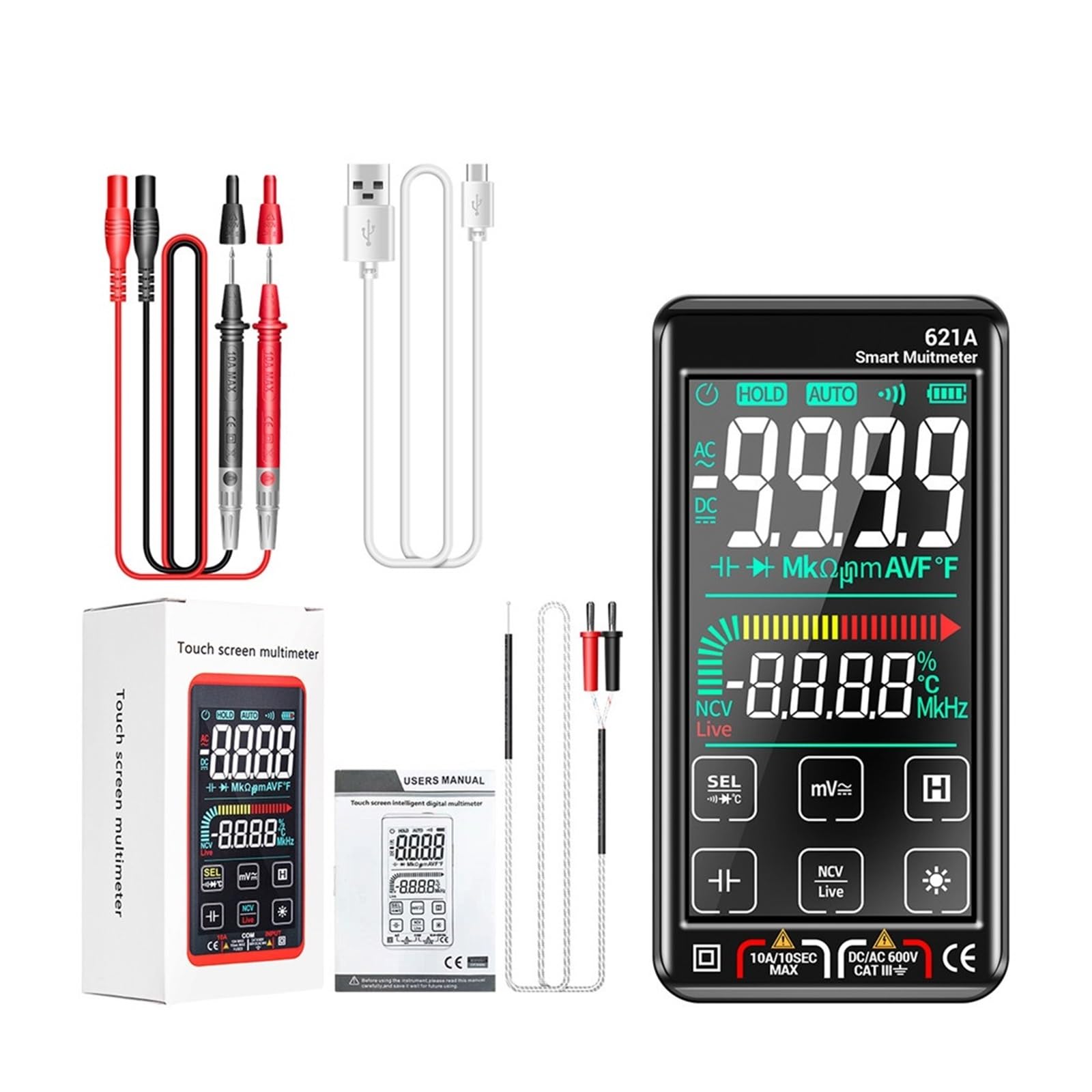 Comprobador MultíMetro Multímetro Digital Inteligente Pantalla Táctil Multímetro Probador Transistor 9999 Cuenta RMS Verdadero Rango Automático DC/AC 10A Medidor Precisión Seguro(621A Black sheath)