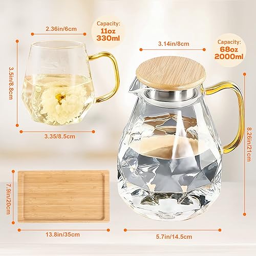 Miniatura 10 de DUJUST Jarra de cristal de diamante negro con 4 tazas, 1 bandeja, jarra de agua de diseño elegante con asa, decoración para habitación, jarra de