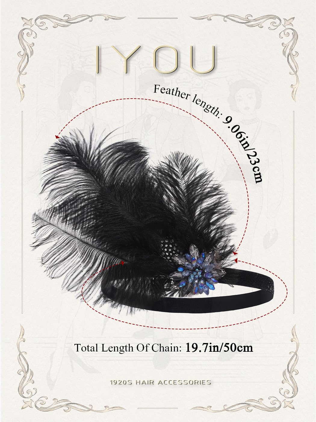IYOU the Great Gatsby Headpiece Black Crystal Feather Flapper Heabands Wave Point Prom Party 20s Hair Accessories for Women - Image 4