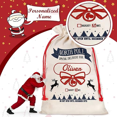 Miniatura 3 de HUTARIO Bolsas de regalo de Navidad con nombre personalizado, saco de Papá Noel con cordón de 20 x 32 pulgadas, impresión de doble cara, paquete de