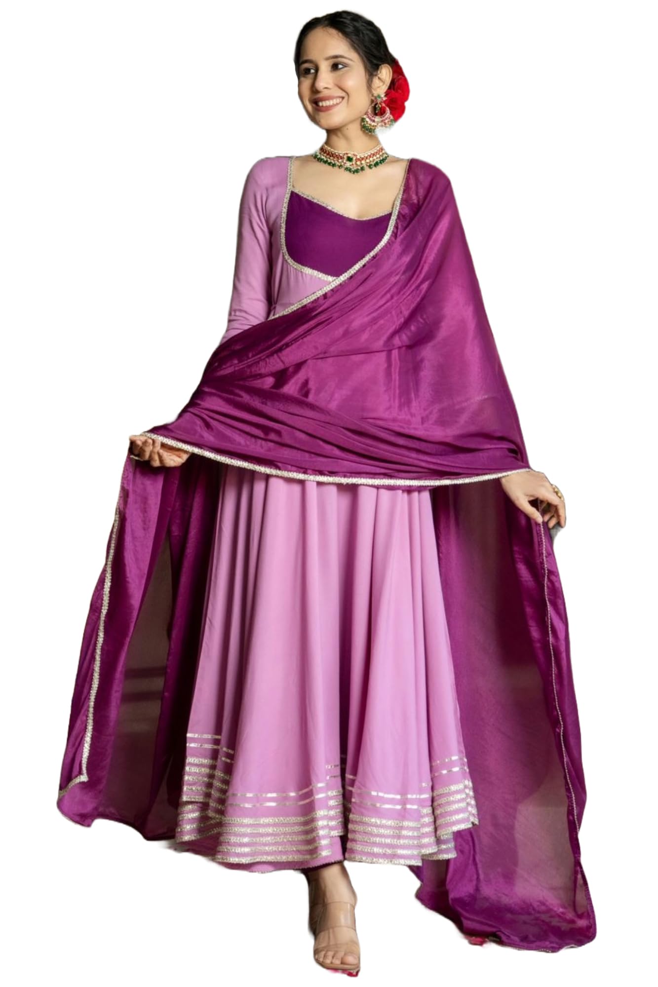 gosriki Women's Rayon Viscose Solid Anarkali Kurta with Pant & Dupatta-picture-8