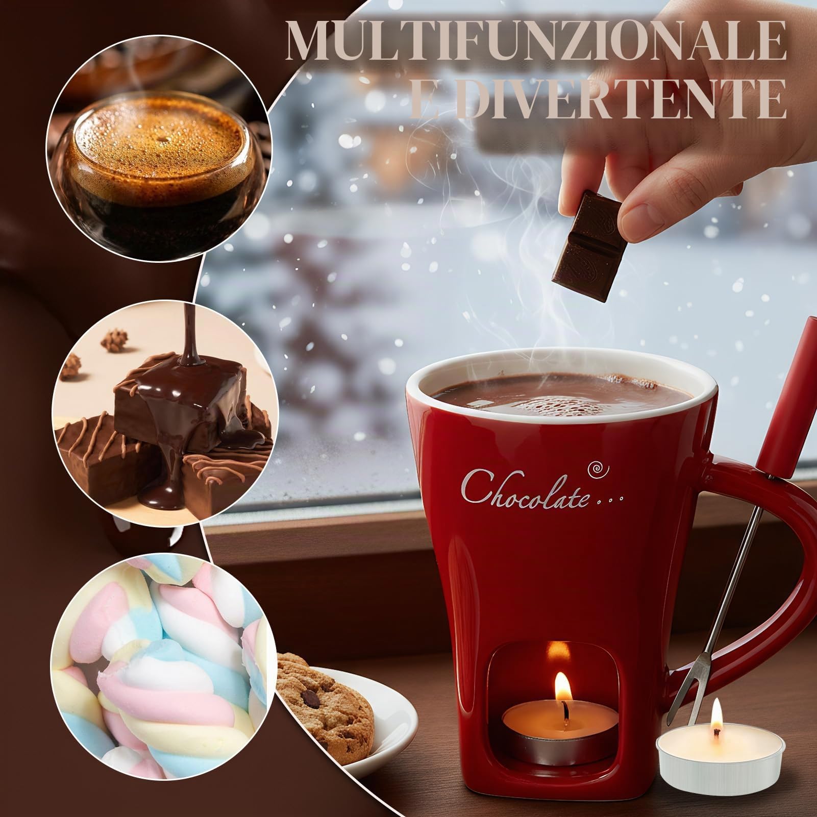 Tazza per Fonduta di Cioccolato in Ceramica 200 ML Rosso con Forchetta e Lumino