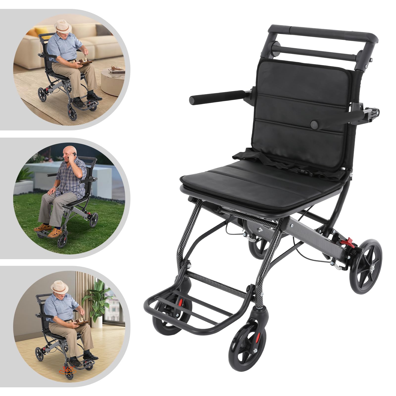 Wózek inwalidzki Wheelchair, składany, lekki, transportowy wózek inwalidzki z hamulcem i regulowanymi podłokietnikami, dla dorosłych, obracane o 270°, podłokietniki, aluminiowy, wózek inwalidzki do