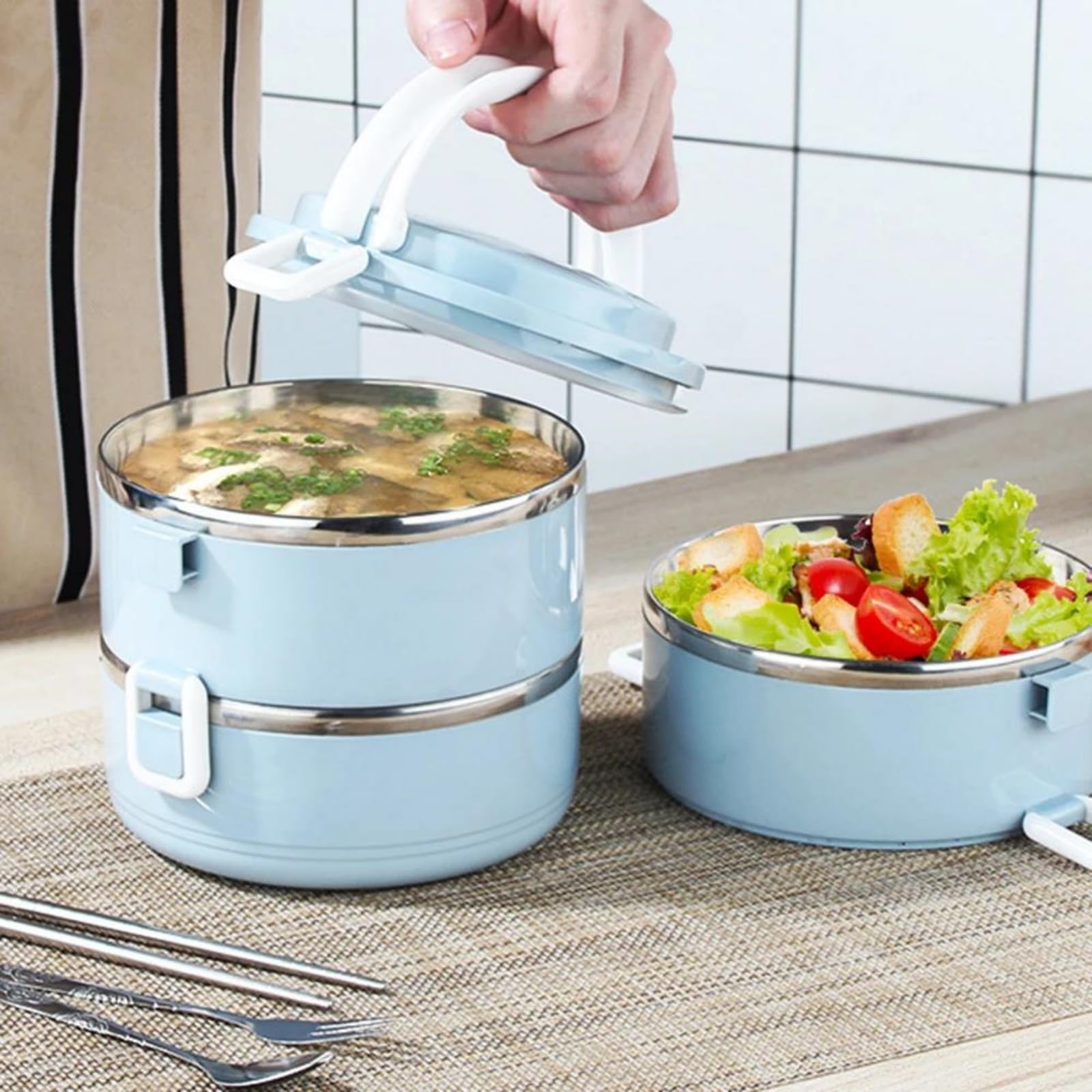 Stakowana lunchbox ze stali nierdzewnej 304 z ukrytym uchwytem, 3-warstwowy szczelny pojemnik na jedzenie, przenośny izolowany Bento Box do biura, szkoły, na piknik i podróż,Pink