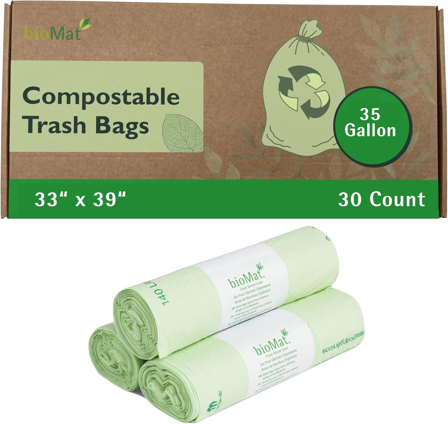bioMat 35 Gallon Compostable Trash Bags, 30 Count, BPI ASTM D6400, Large Compost Bags for Kitchen Compost Bin
