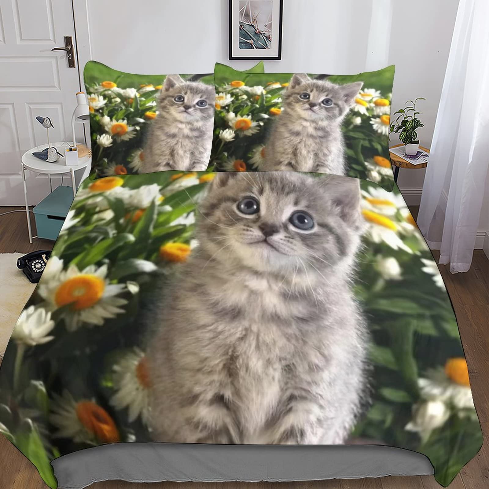 Parure de lit chat anti-plis en microfibre douce avec housse de couette zippée pour enfants