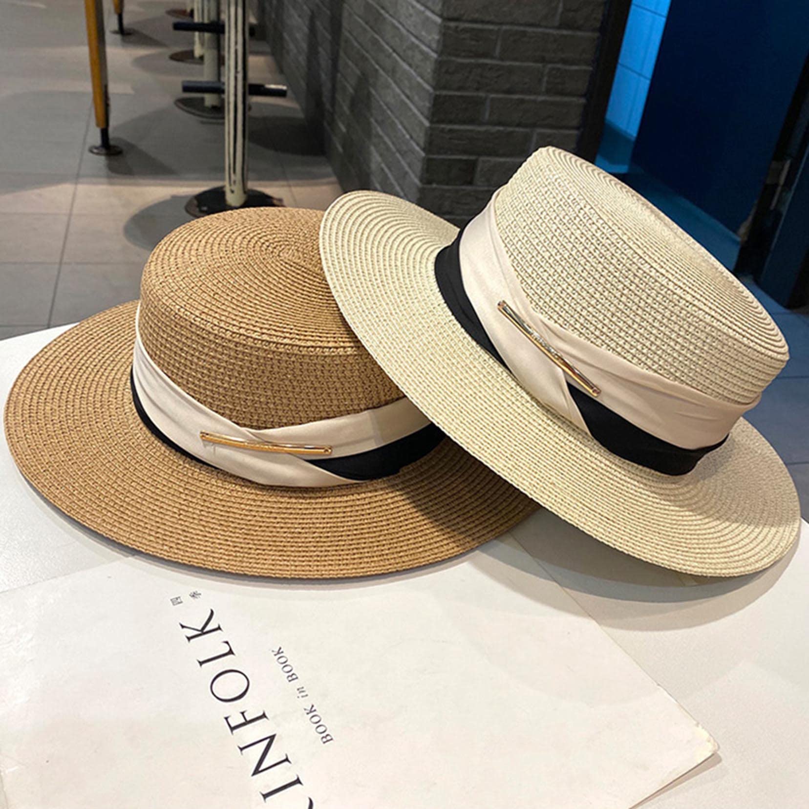 Sommer Beach Sonnenhüte für Frauen Faltbare Floppy Reisende packbare Khaki -Strohhut, breiter Krempe Hut White-56-58cm
