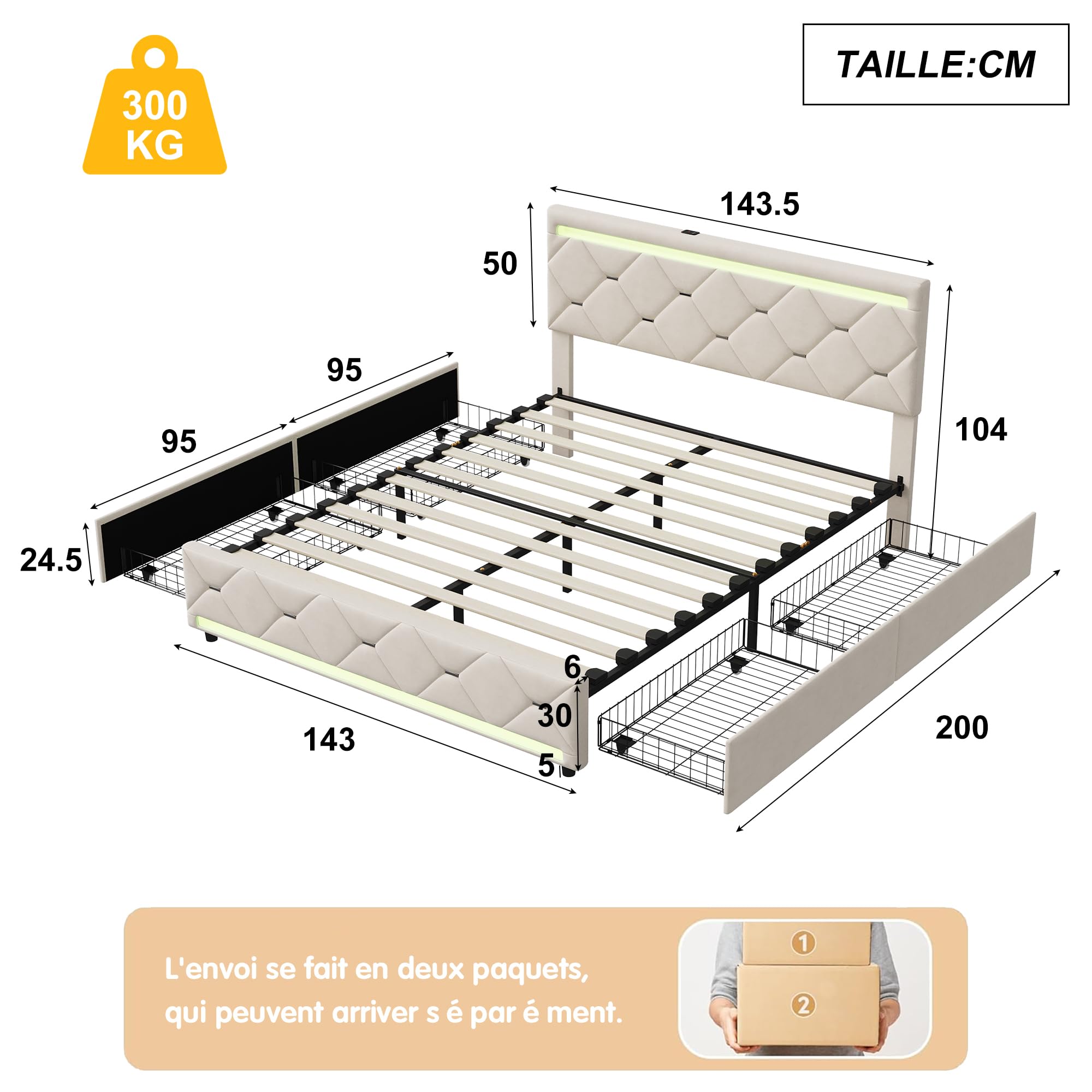 Lit Double 140x190 Avec Sommier, Tiroirs Et LED - Tête De Lit Rangement, Ports USB/Type-C, Sans Matelas