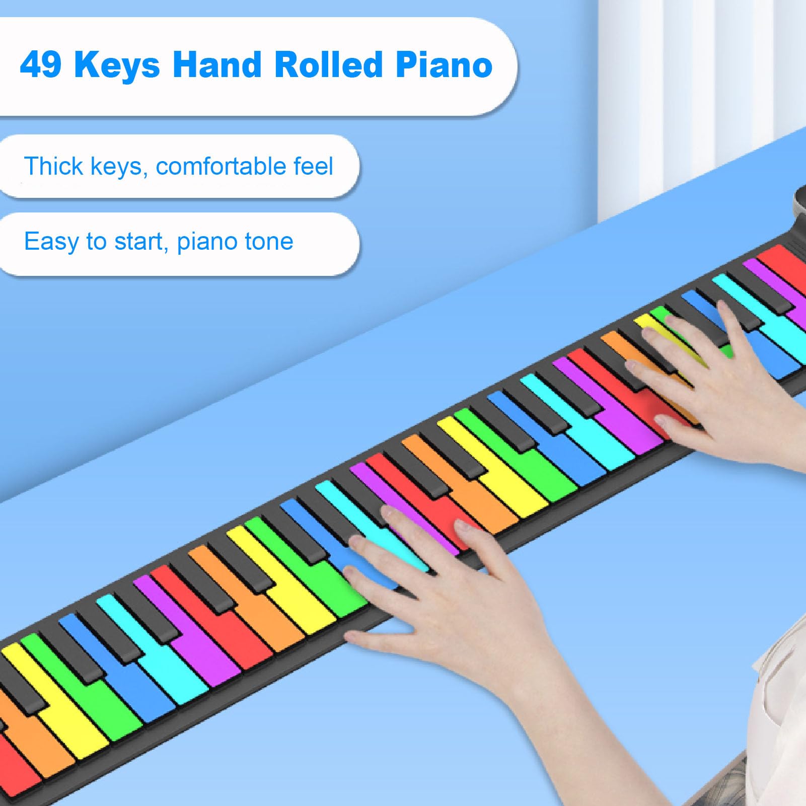 Piano Enrollable, Teclado de Piano Eléctrico de 49 Teclas, Teclado de Piano Portátil de Silicona a Prueba de Agua de Color Arcoíris con 8 Tonos y 6 Canciones de Demostración con