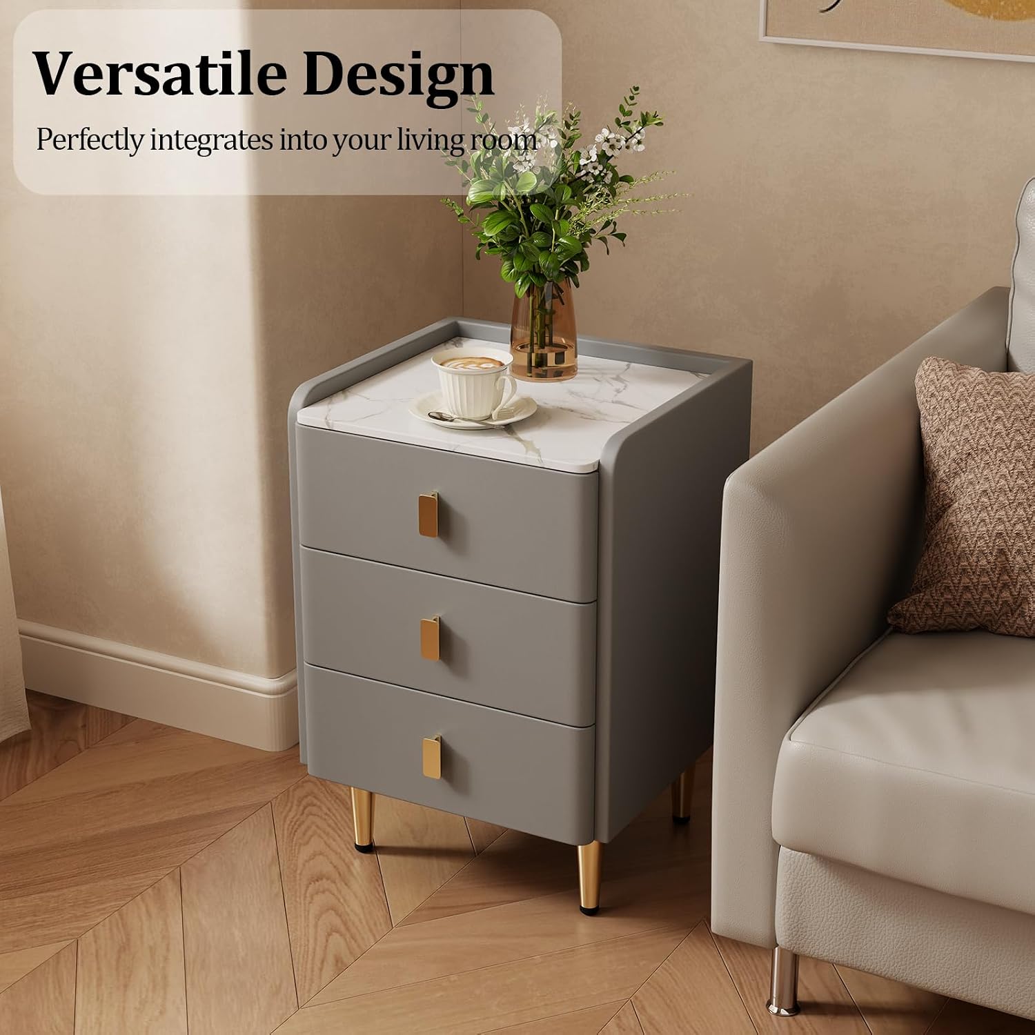 AQIMUELE Narrow Nightstand with Drawers, Narrow Side Table Leather, Small Bedside Tables for Bedroom. (Dark Gray)