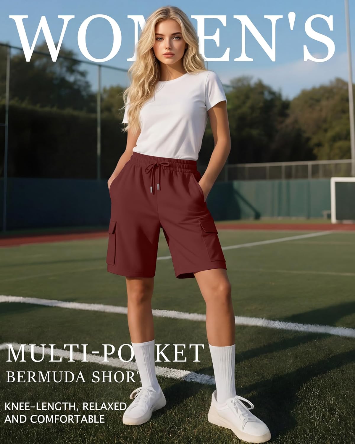 Neer 3 Pack Women's Bermuda Shorts Cargo Elastic Drawstring Knee Length Shorts Casual Loose Yoga SweatShorts with 4 Pockets