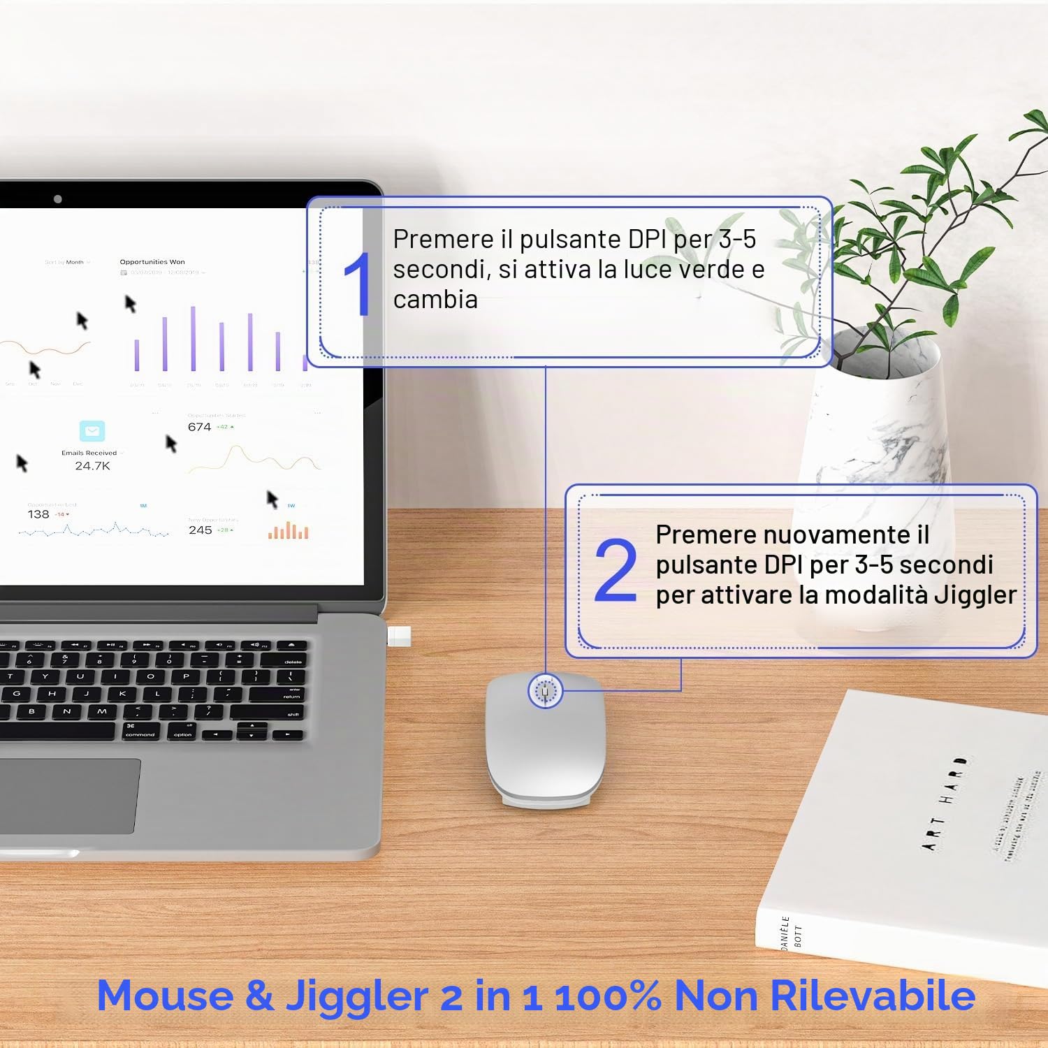 Mouse Wireless Bluetooth 5.2/3.0 + 2.4G USB-A/C – Ricaricabile USB-C, Click Silenzioso, 3 DPI (800/1200/1600), Jiggler Integrato – per iPad, MacBook, Laptop e PC Windows