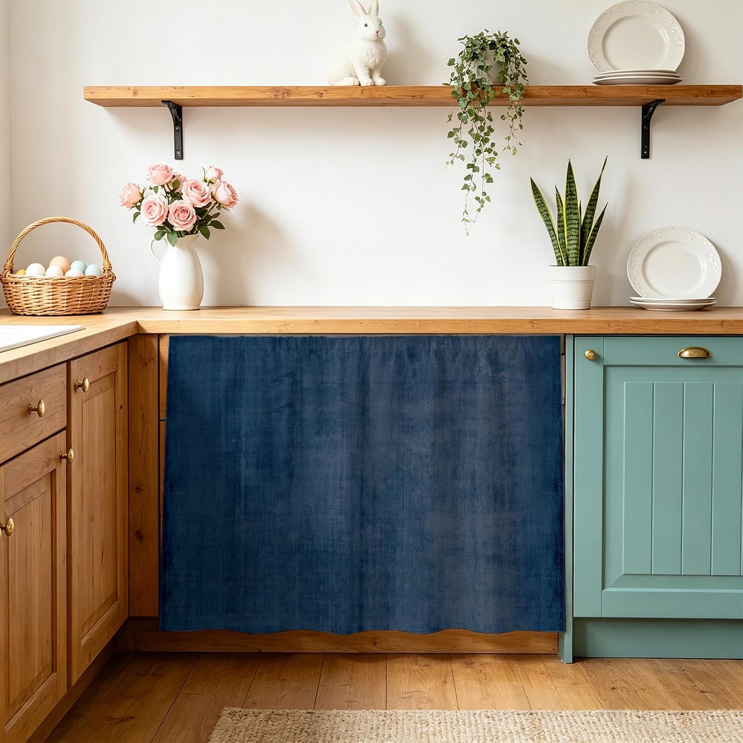 Cabinet Curtains 28" W x 35" L, Vintage Navy Blue Sink Skirt for Bathroom Kitchen Self Adhesive, Modern Abstract Retro Art Desk Privacy Short Curtain for Vanity Laundry Room Shelf