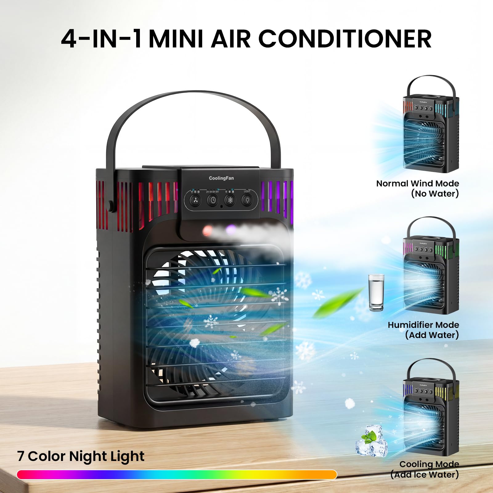 Mobile Klimaanlage, 4-in-1-Klimaanlage Mobil mit Fernbedienung/3 Geschwindigkeiten/3 Nebelmodi/1200-ml-Wassertank/2-8-Stunden-Timer/Nachtlicht, Mini Klimaanlage für Zimmer Wohnung Auto Camping