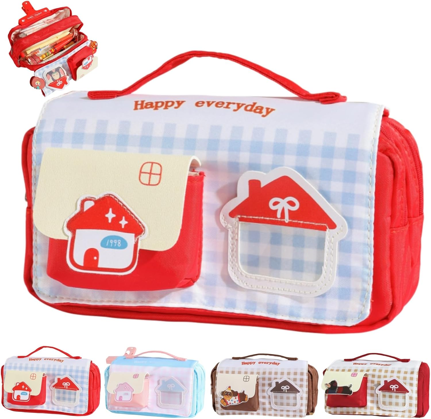 Cute Kawaii Pencil Case Pouch House Design Grid Handheld Large Capacity Pen Box Holder Organizer for Office Workspace Supplies Desk Accessories Travel Essentials Aesthetic Trendy Cool (Red)