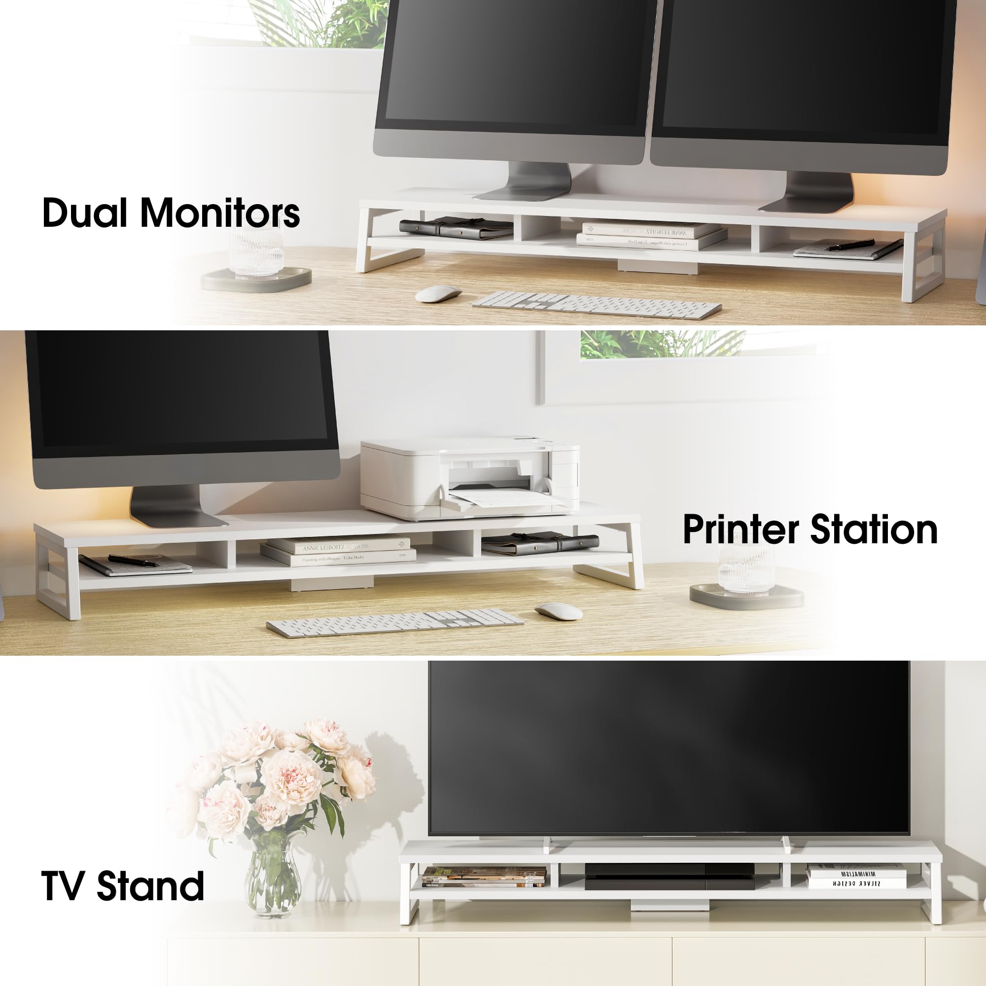 Fenge Double Monitor Stand Riser 108cm Large Computer Screen Stand For PC/ Laptop/Fax/Printer/TV, Desk Organiser, Load Capacity 45kg (White Fenge Double Monitor Stand Riser 108cm Large Computer Screen Stand For PC/ Laptop/Fax/Printer/TV, Desk Organiser, Load Capacity 45kg (White