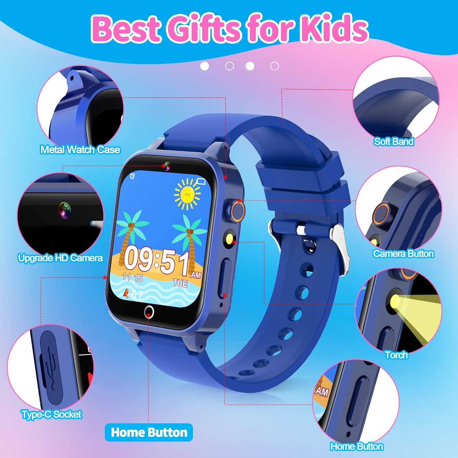 Smartwatch Kinder Jungen und Mädchen 4-15 Jahre, 39 Spielen, Sportmodi, MP3, Taschenlampe, 100+ Lernkarten, Hörbücher, 13 Wecker, Schulmodus, Schrittzähler, Pädagogisches Geschenk für Kinder Kinderuhr